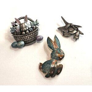 JJ BIRDS & BLOOMS EASTER BASKET ENAMEL VINTAGE BUNNY RABBIT Pin Brooch LOT 3 EUC